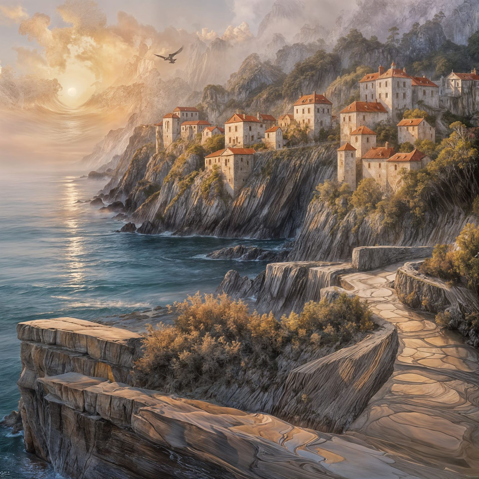 Ancient Seaside Town at Dawn: Fantasy Painting