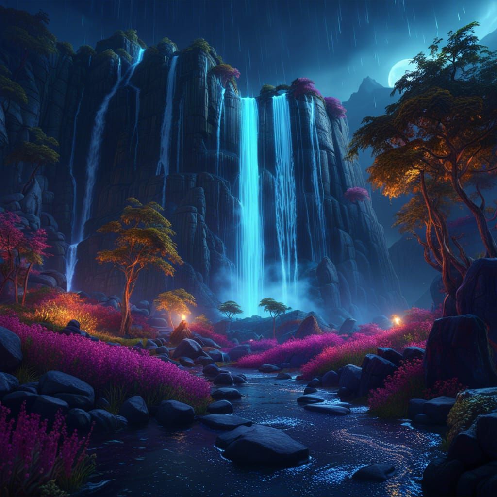 Magical Waterfall Landscape at Night in Fantasy Concept Art
