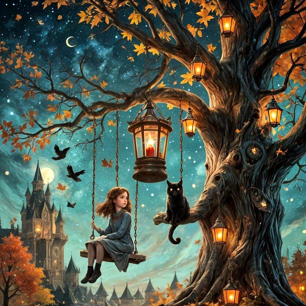 Girl on Swing in Autumnal Starry Scene