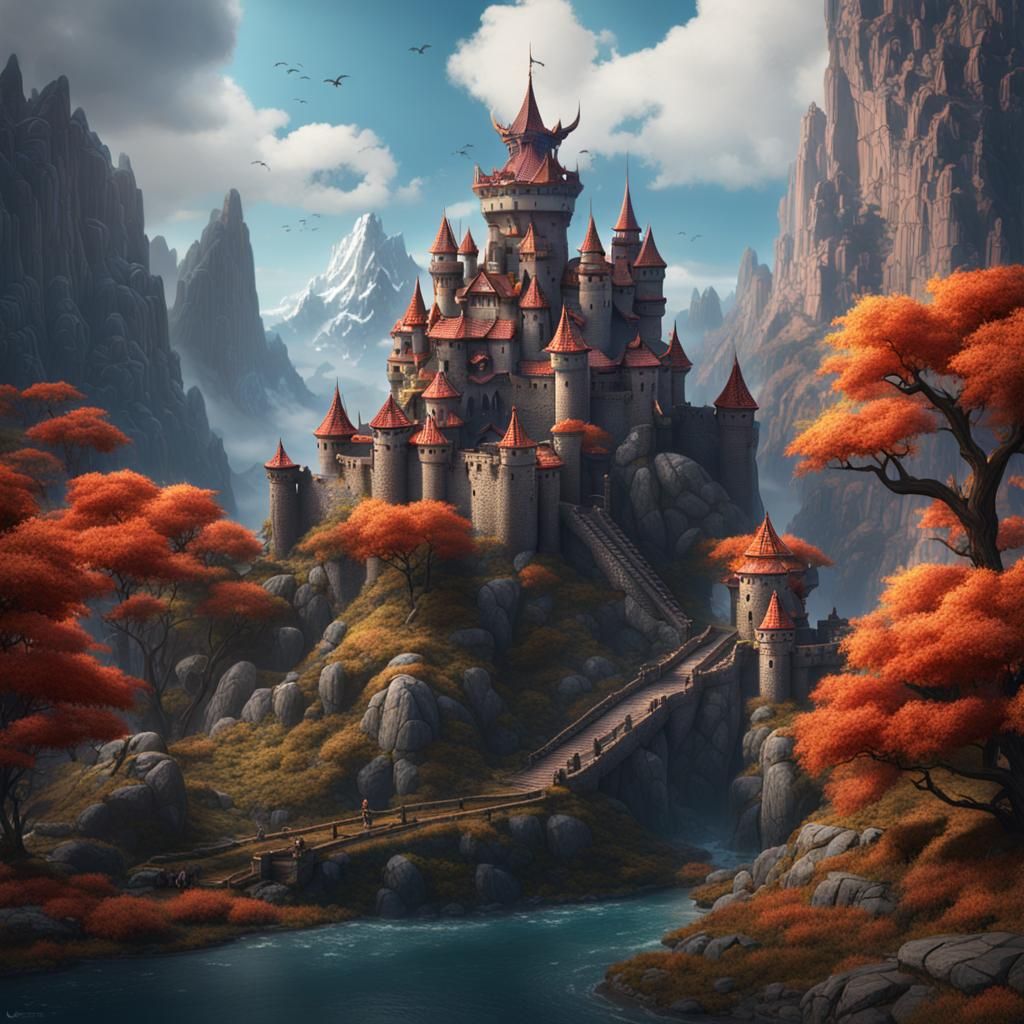 Tiny Dragon and Mountain Fortress in Detailed Matte Painting