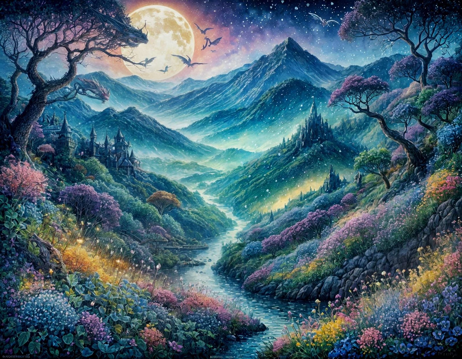 Ethereal Mountains with Dragons in Watercolor