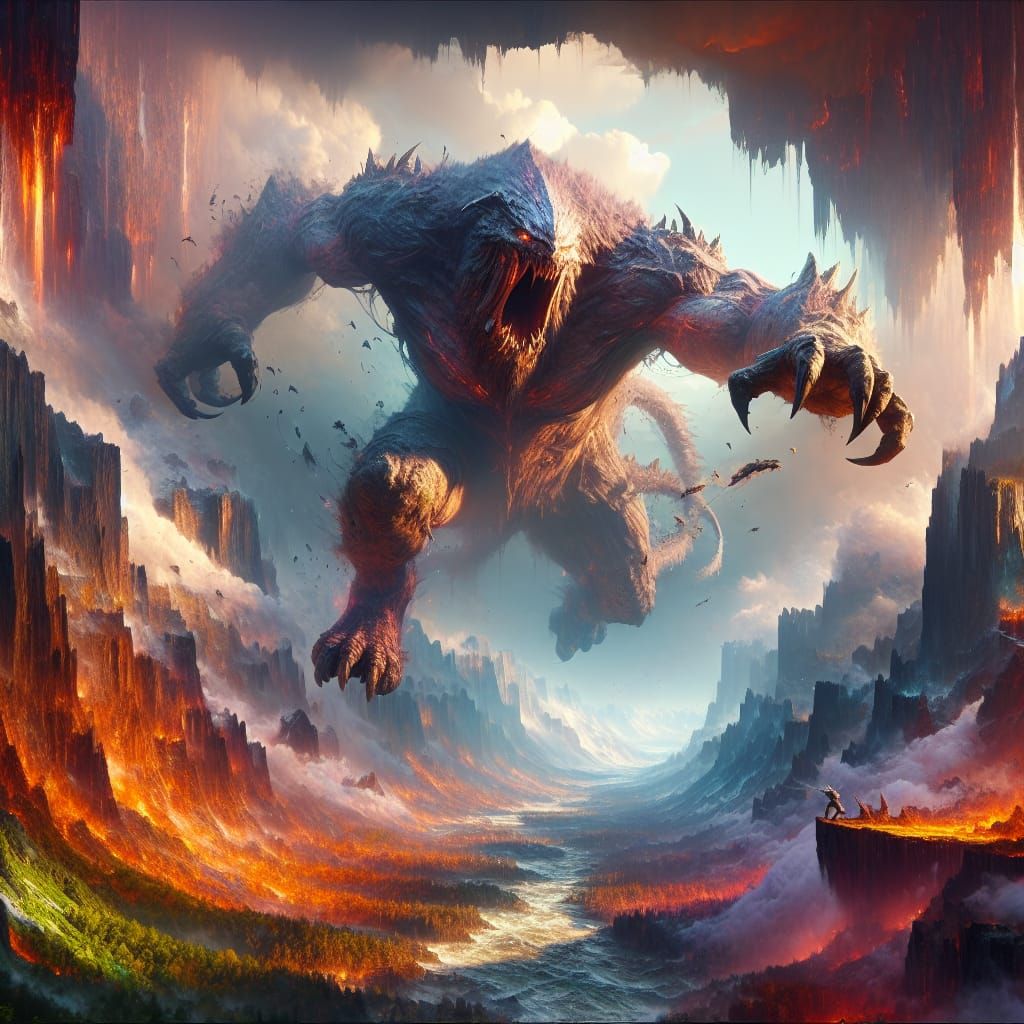Epic Clash of Colossal Monsters in Vibrant Fantasy Realm