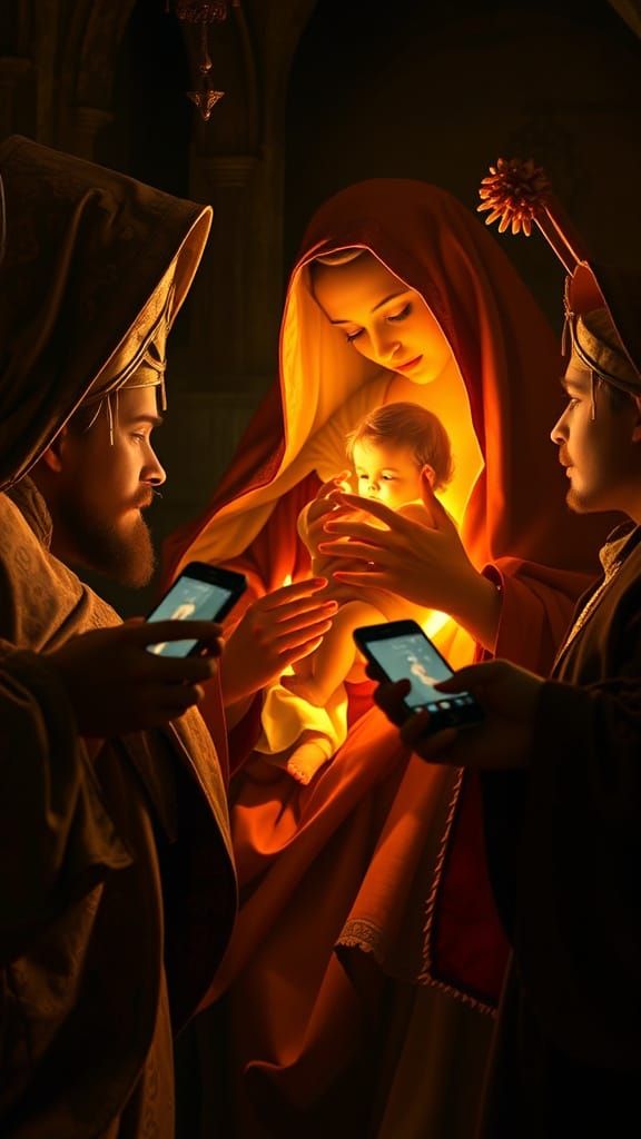 A Luminous Christ Child in Golden Light, Wise Men in Reveren...