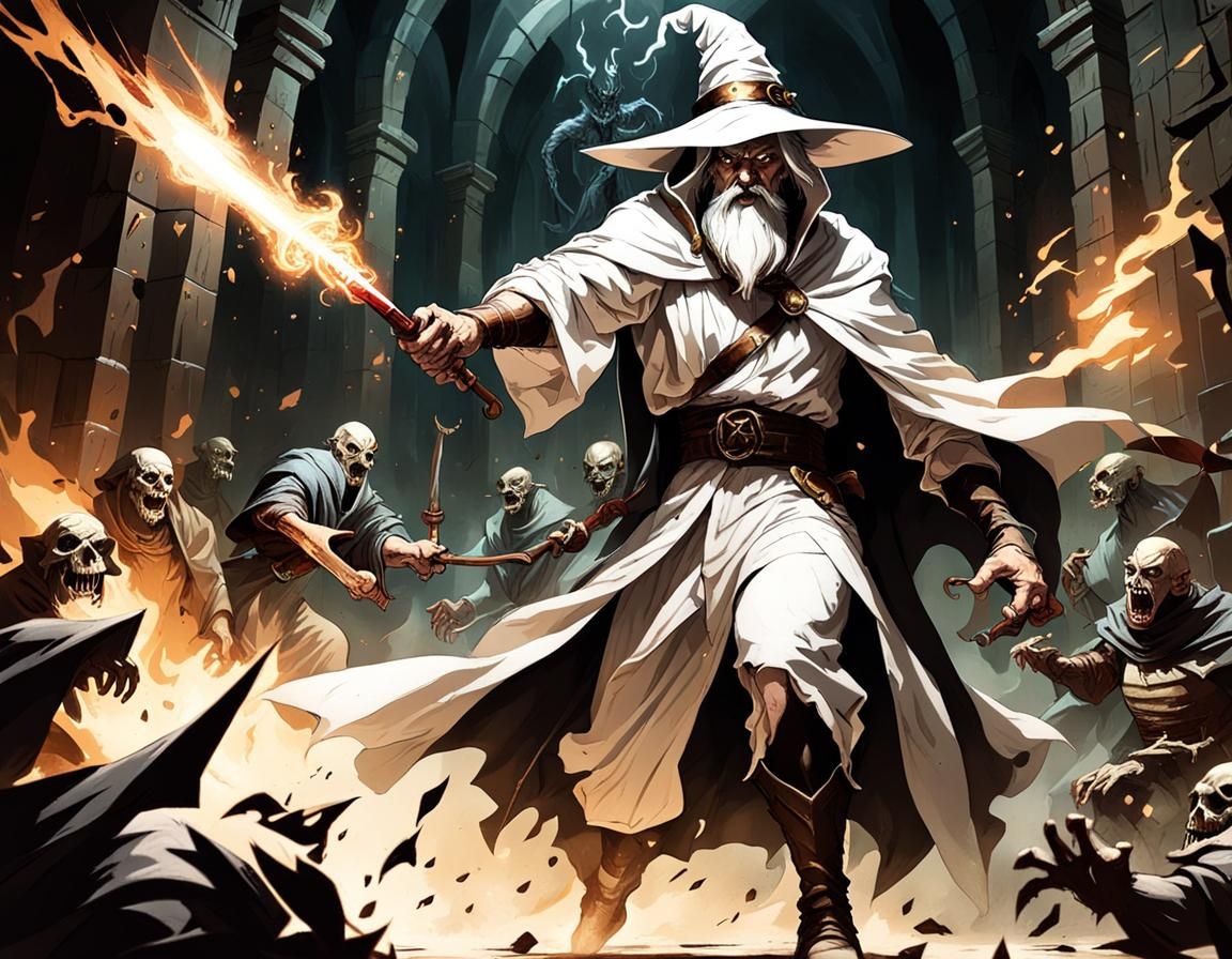 Wizard Fighting Undead in 1930s Superhero Style