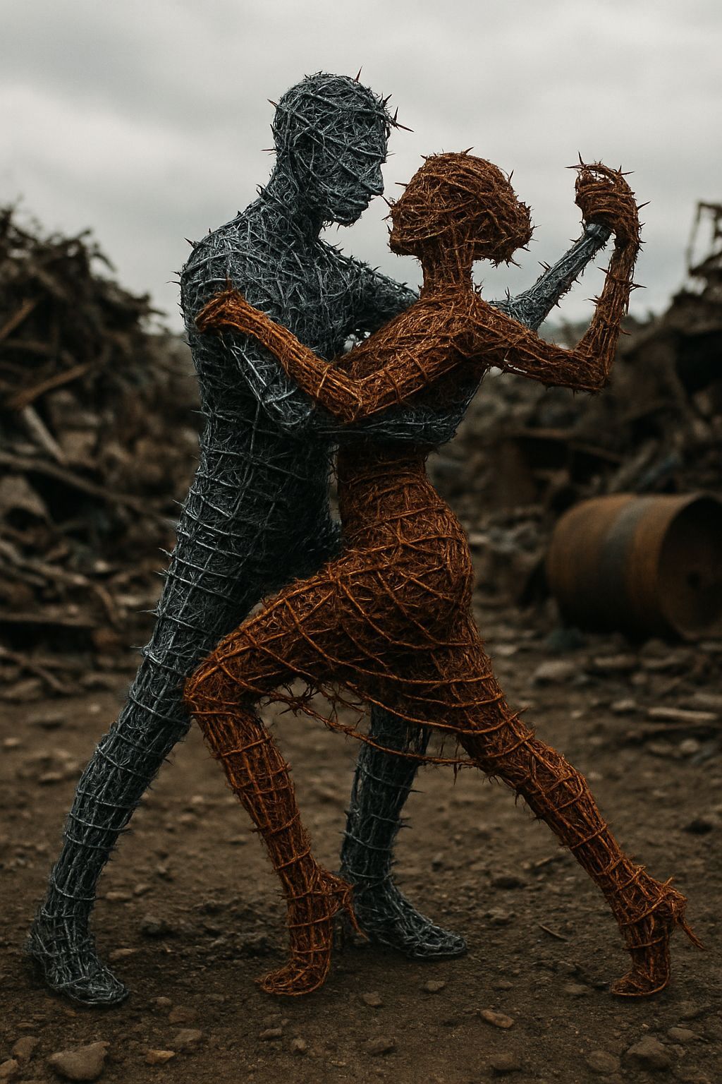 Barbed Wire Tango Sculpture in Steel and Rust