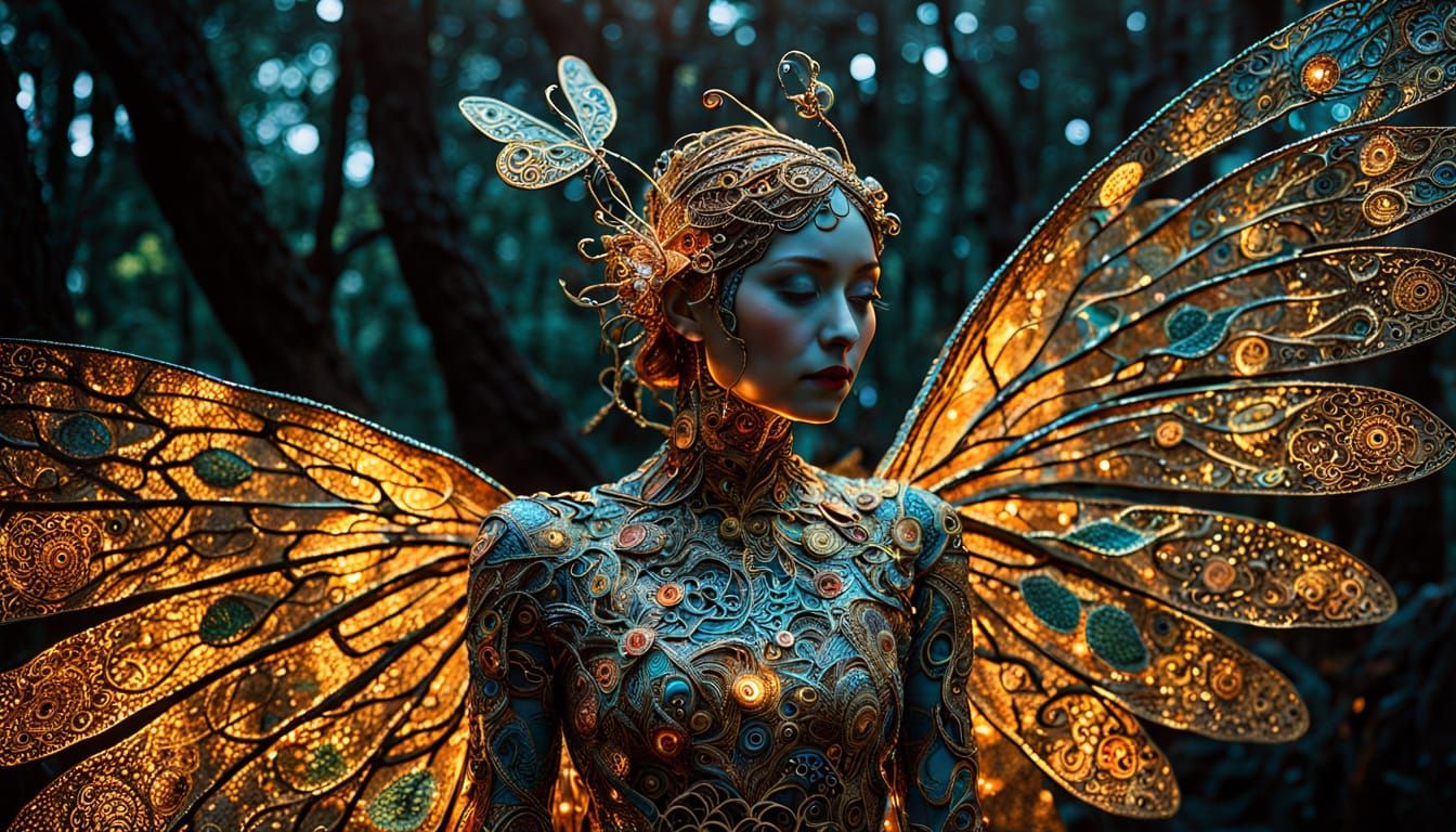 Woman with Iridescent Wings Rises from Forest Floor in Dream...