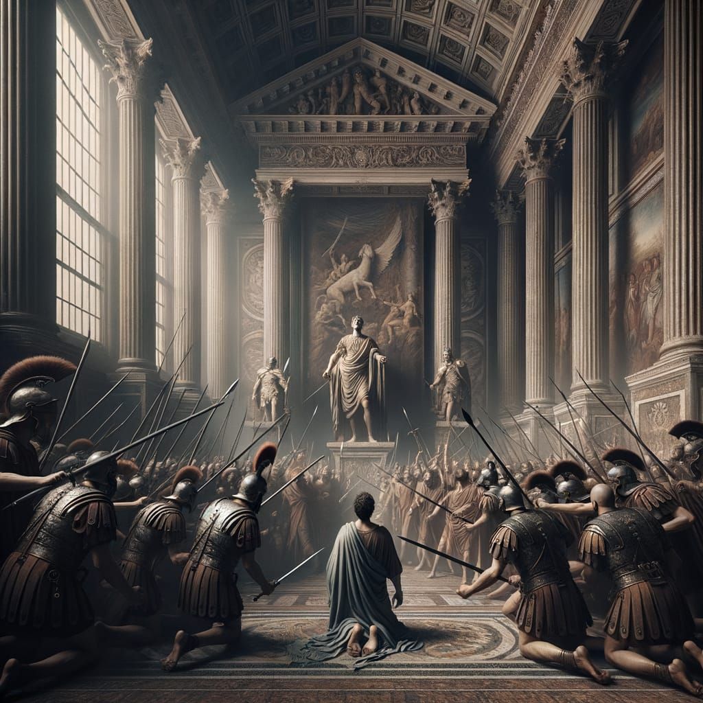 Ancient Figure Kneels in Roman Senate Chamber