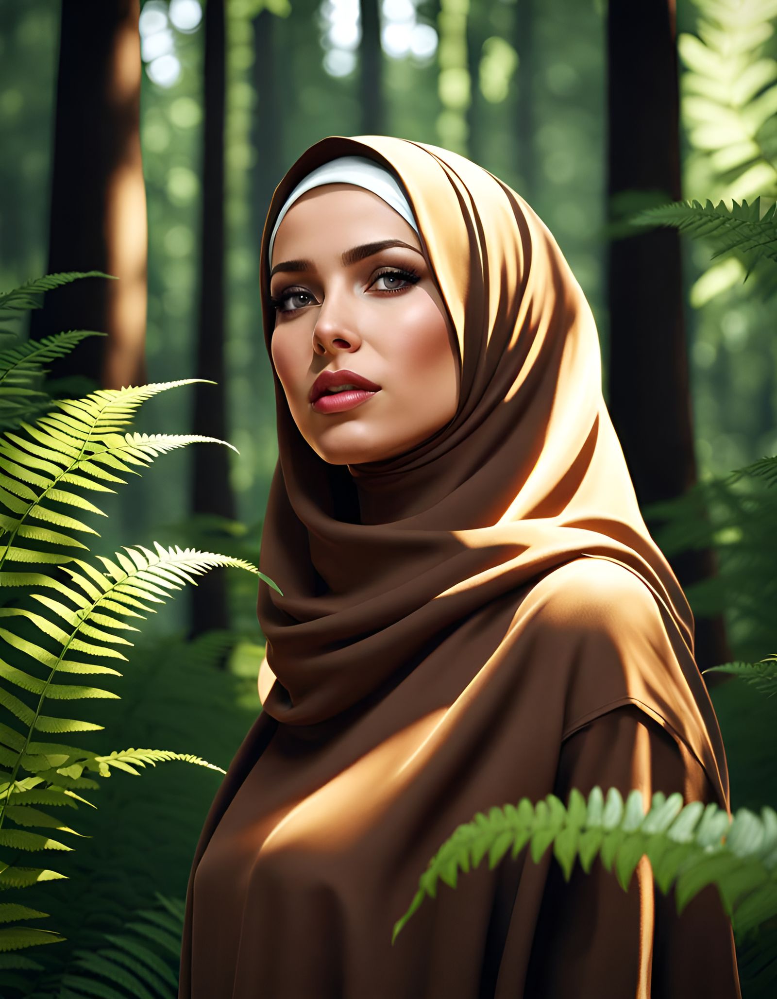 German Woman in Hijab Amongst Forest Ferns