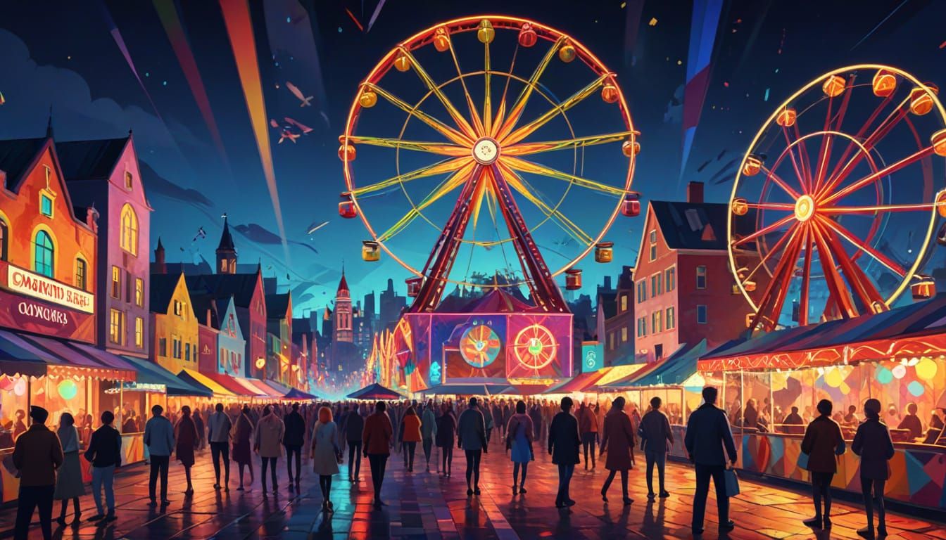 Colorful Cubist Town Fair with Ferris Wheel