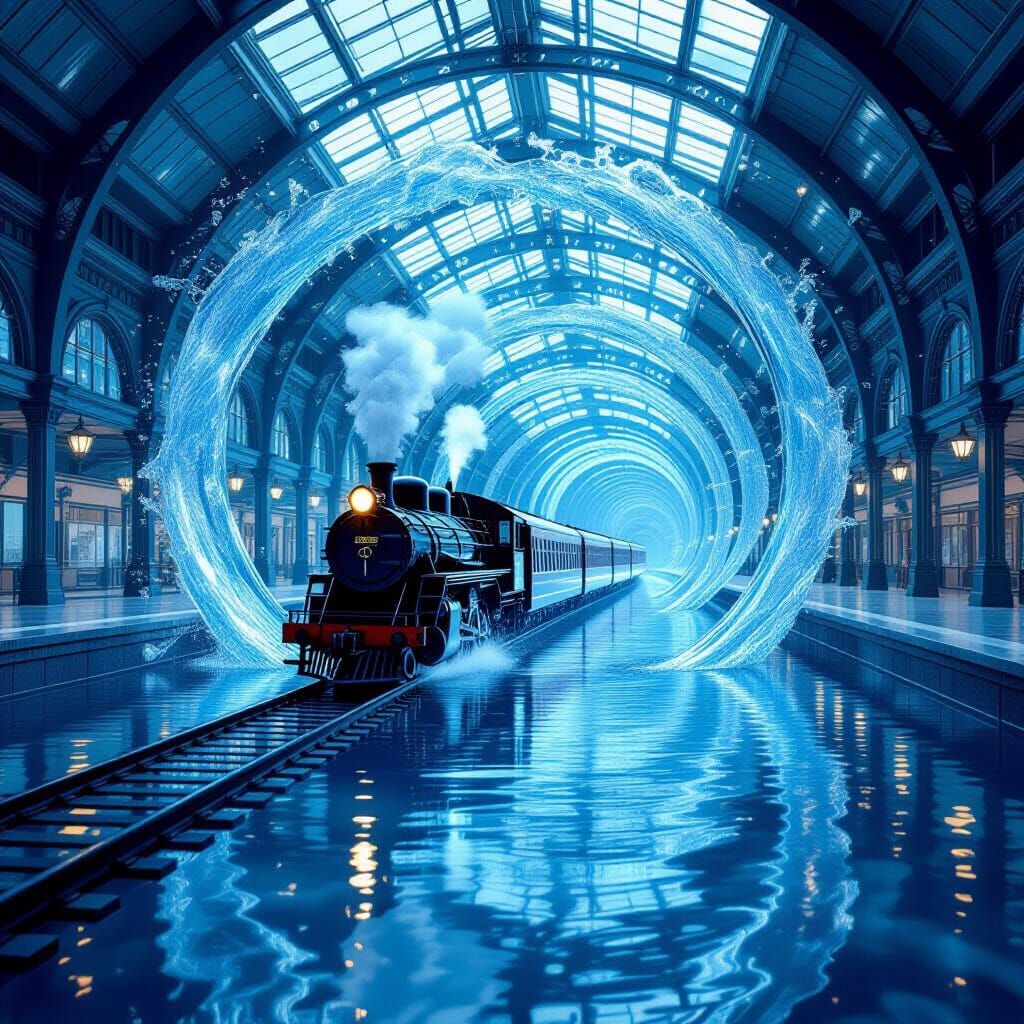 Hyperrealistic Train Station in a Water Vortex