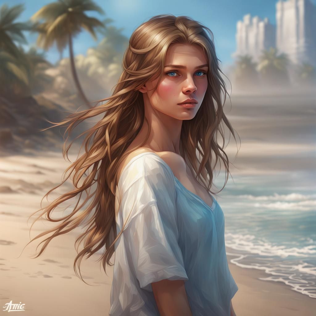 Beautiful Girl Portrait at Beach, Digital Art