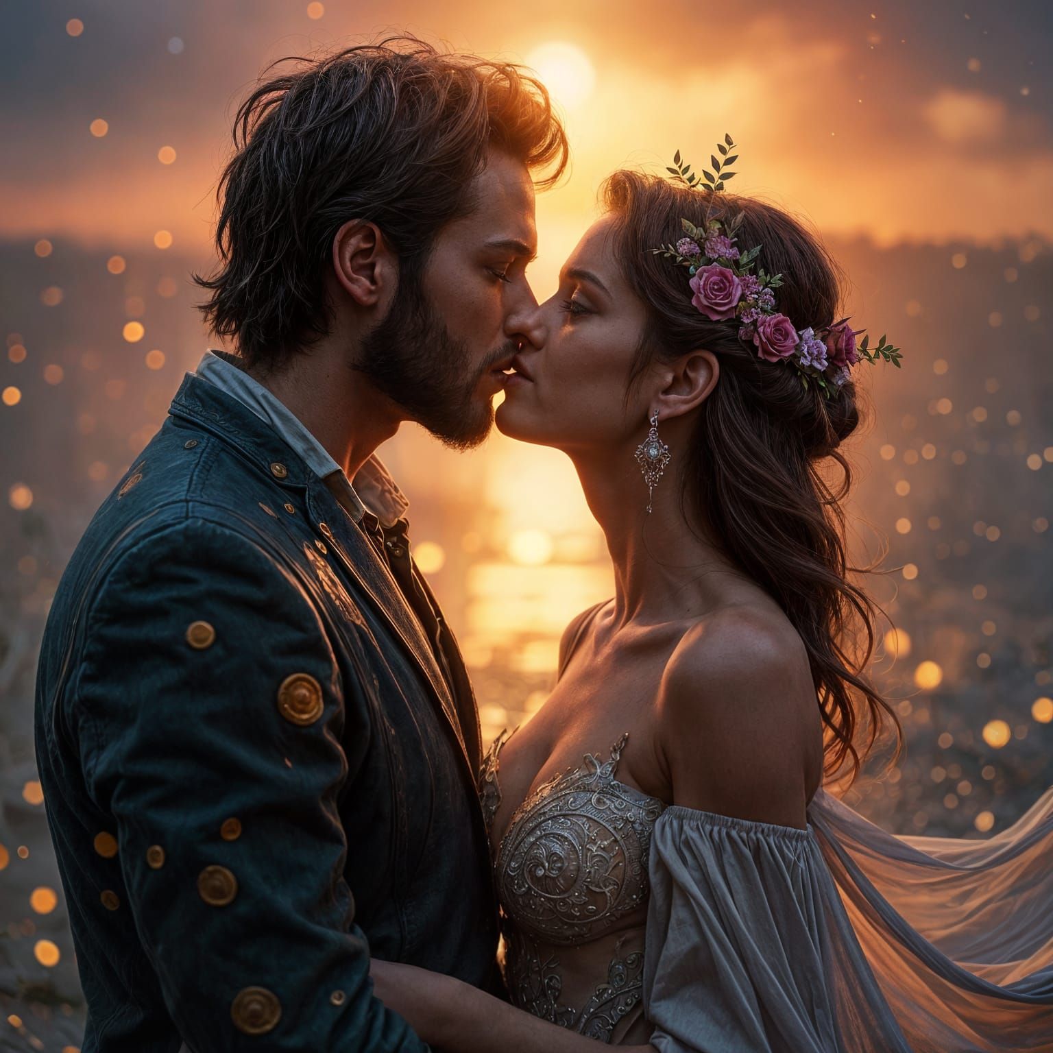Romantic Couple Kissing: Detailed Matte Painting