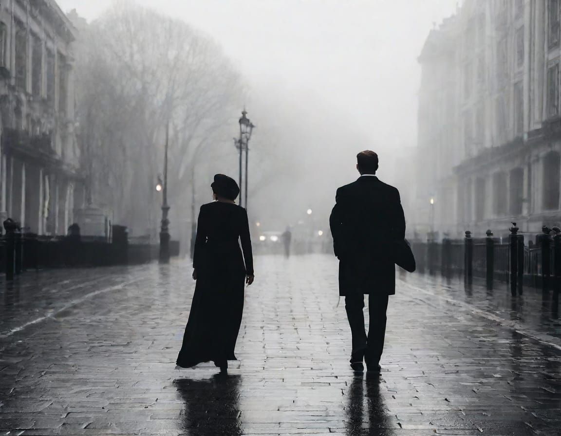 Elegant Couple Walking Through Foggy London