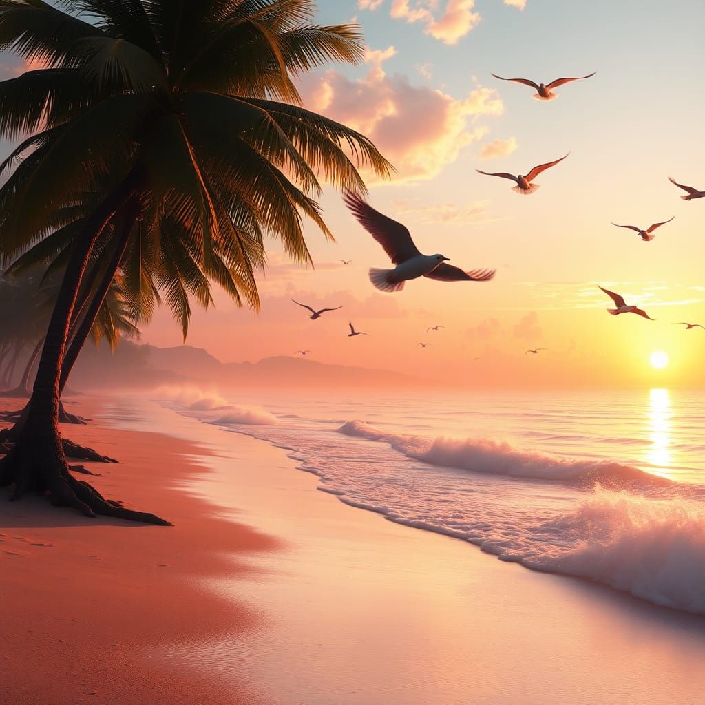 Sunset Beach Scene with Birds, Fantasy Concept Art