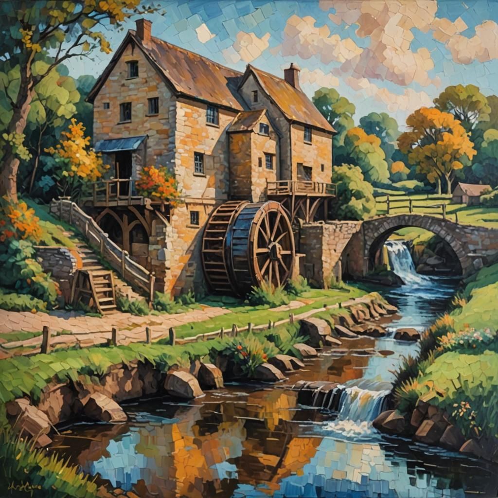 English Water Mill: Neo-Impressionist Expressionist Painting