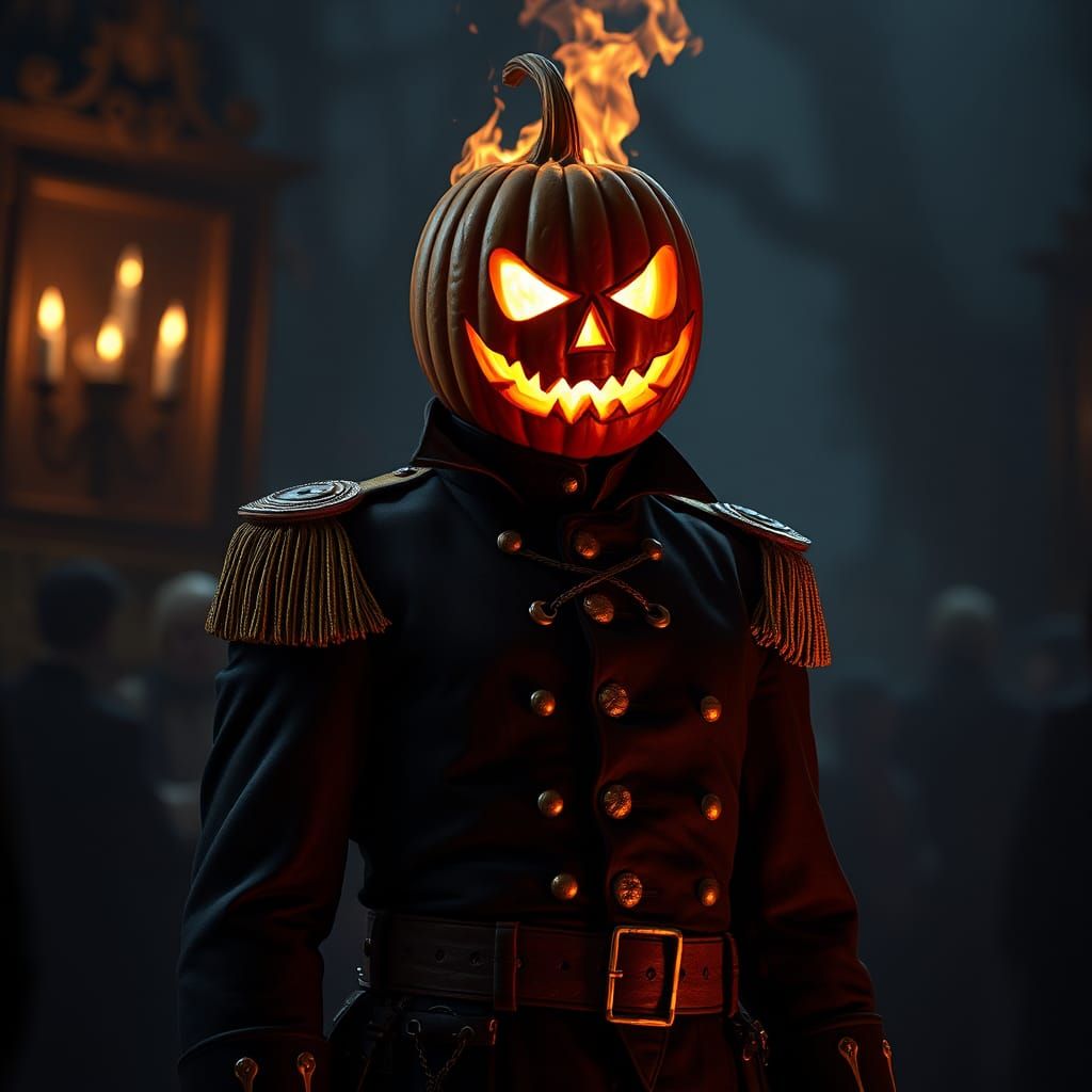 The Headless Horseman wearing his Hessian military dress uni...