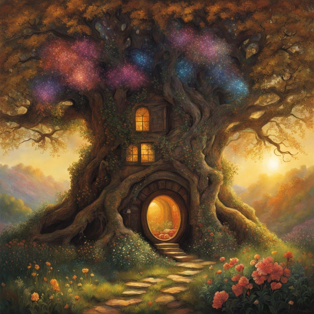 Cozy Hobbit Hole in Golden Hour, Digital Painting