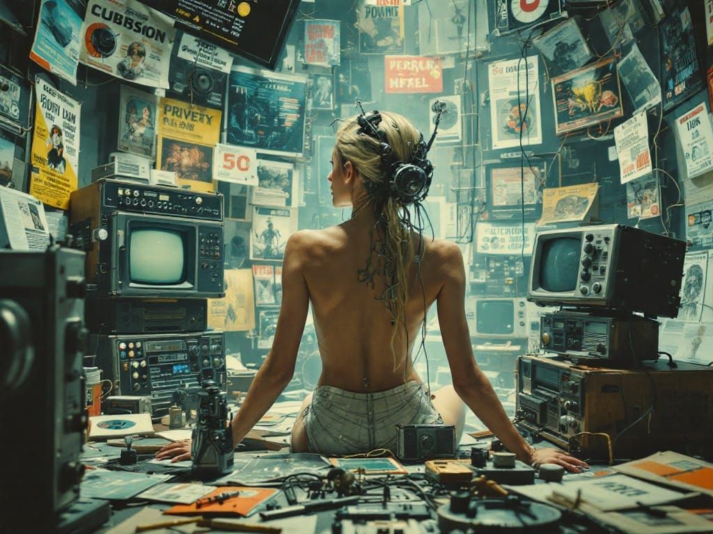 Woman in Retrofuturistic Electronic Utopia with Mechanical A...
