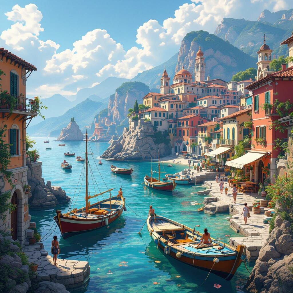 Italian Coastline in 3D Anime Art Style