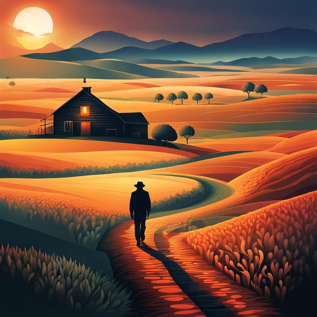 Lonely Man's Sunset Walk: Abstract Vector Art