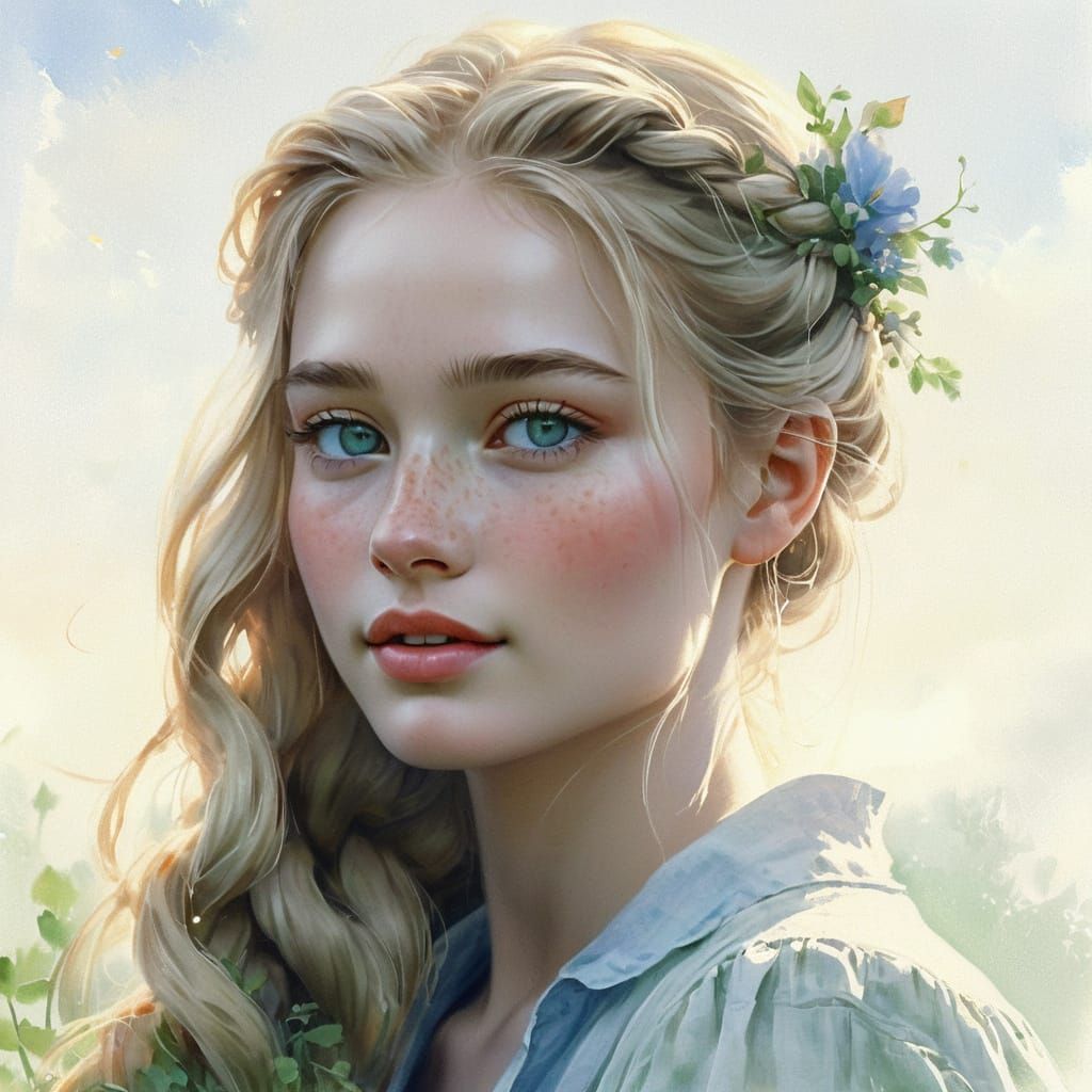 Pretty Woman with Freckles in Misty Sunrise