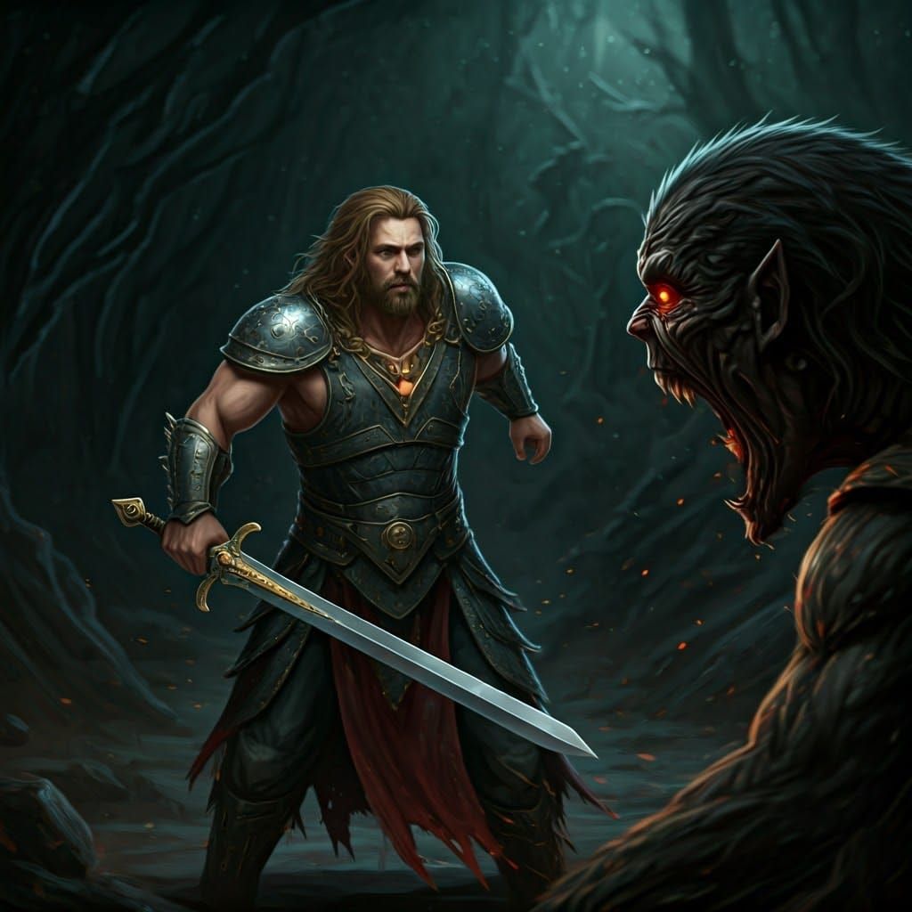 Heroic Beowulf Battles Grendel in Epic Medieval Style