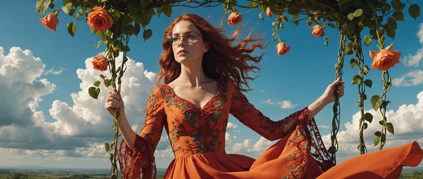 Woman on Rose Swing with Red Hair