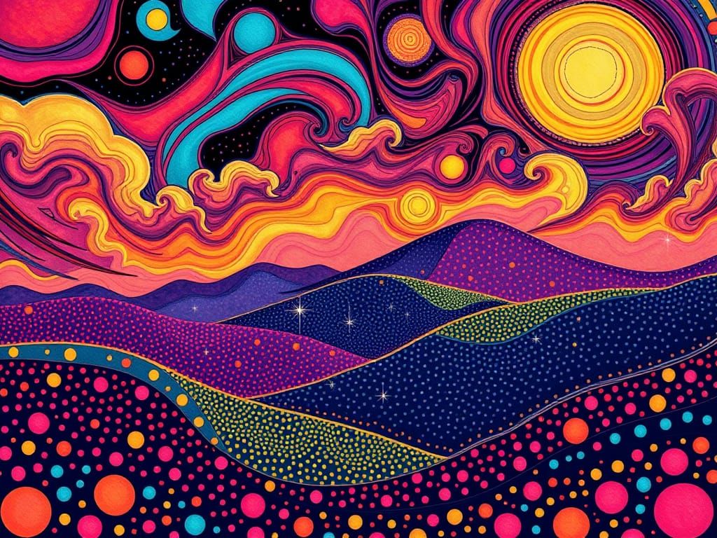 Enchanted Retrofuturistic Dreamscape in Vibrant Polka Dots