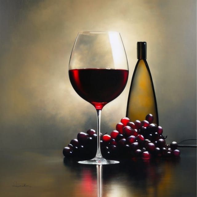 Wine Still Life with Red Grapes and Ink Splashes