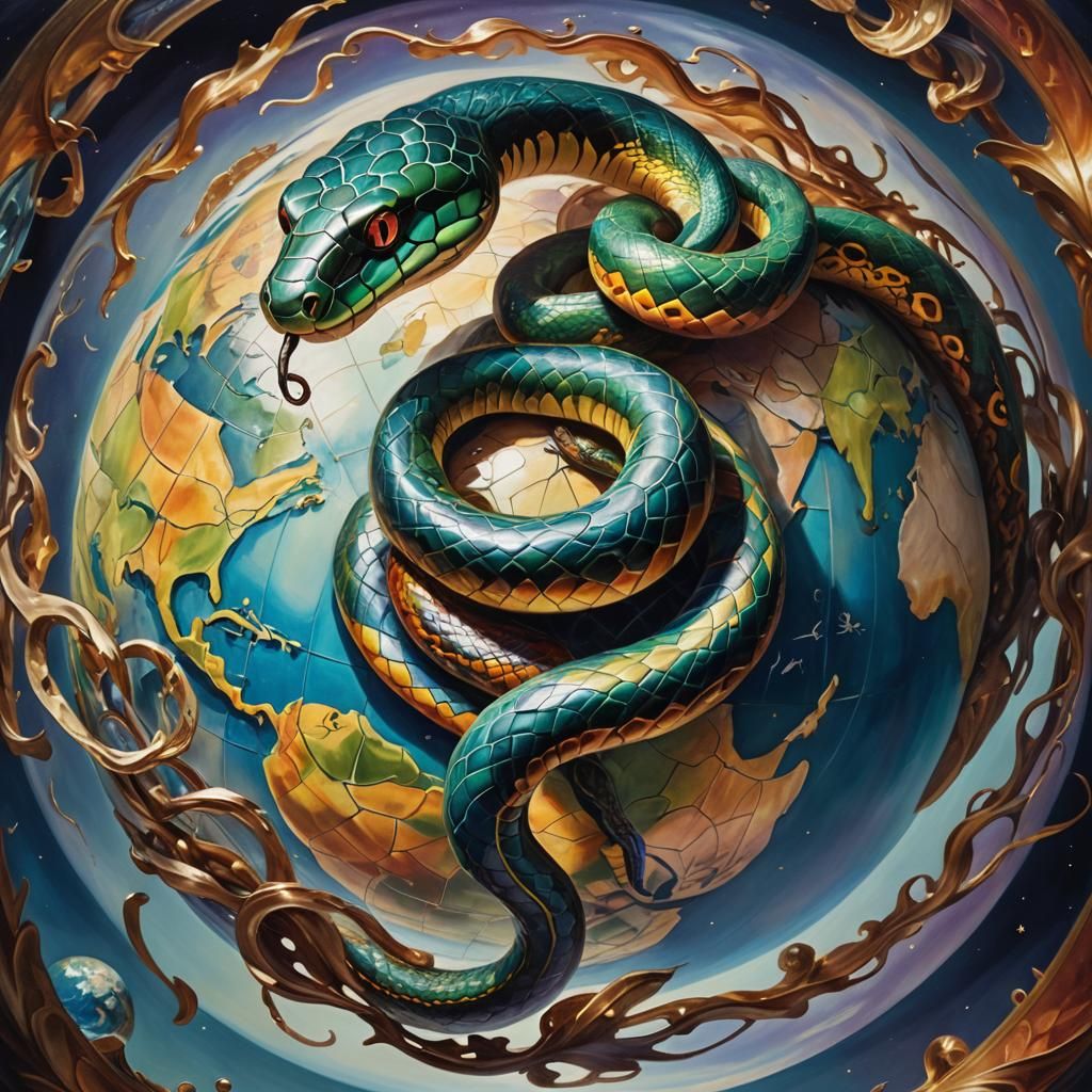 Surreal Snake Encircling Globe in Oil Painting