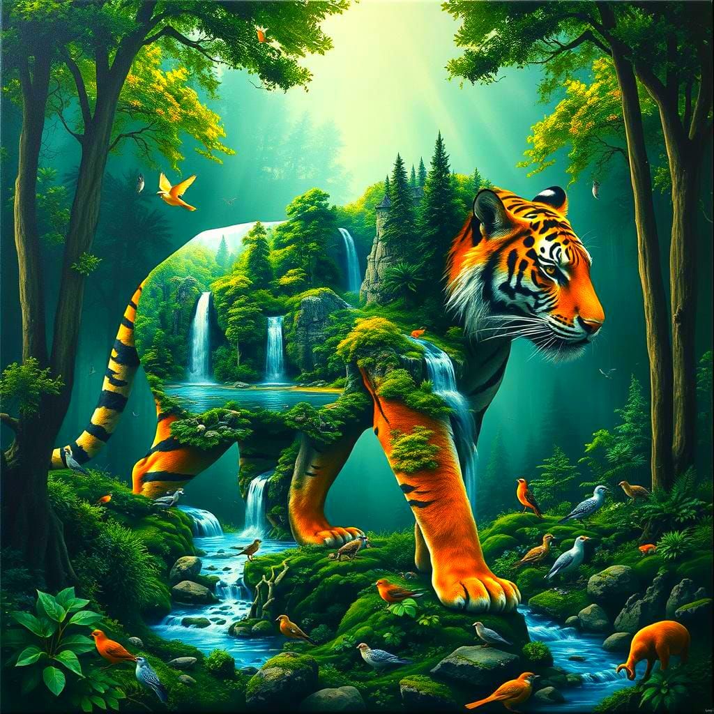 Surreal Tiger Made of Flowing Landscapes