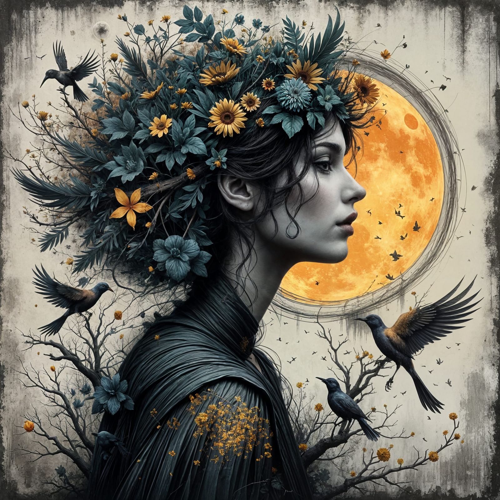 Art Nouveau Punk Double Exposure Female Face with Birds