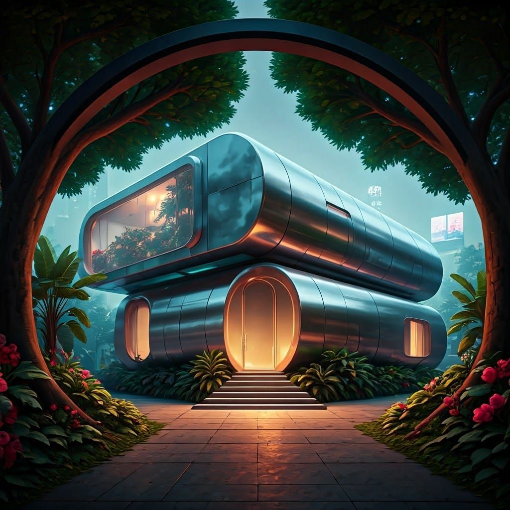 Futuristic House in a Lush, Neon-Filled Landscape