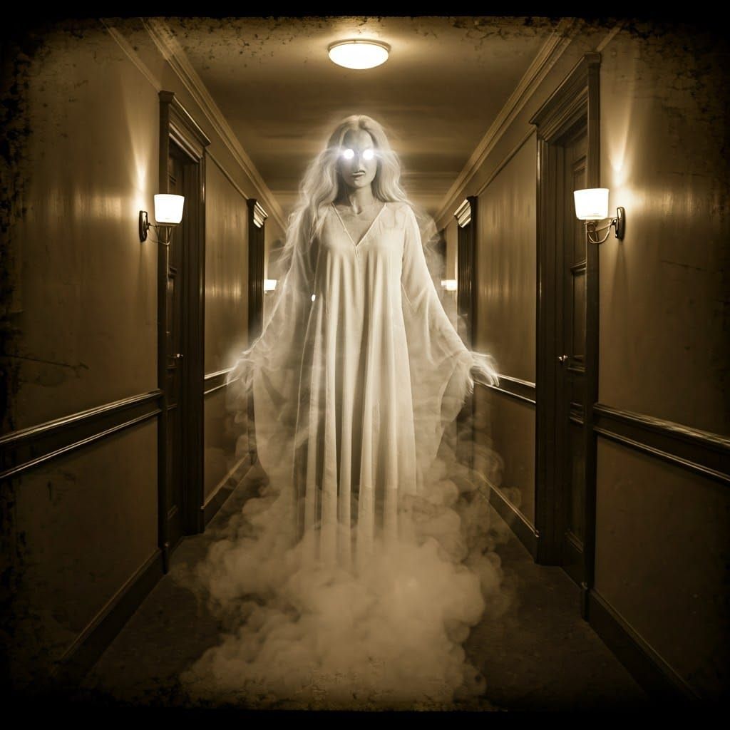 Ethereal Ghost in Hotel Hallway: Sepia Photo
