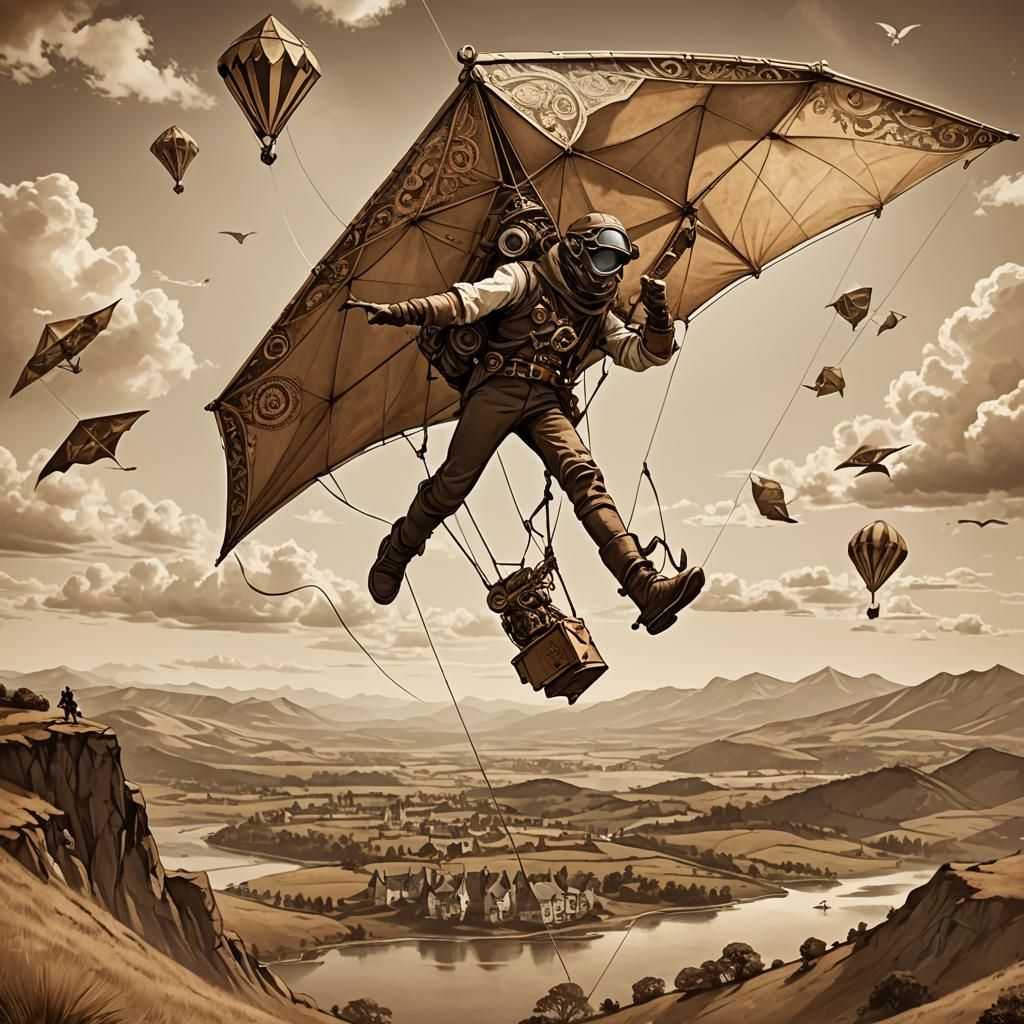 Steampunk Kite Operator in Sepia Landscape