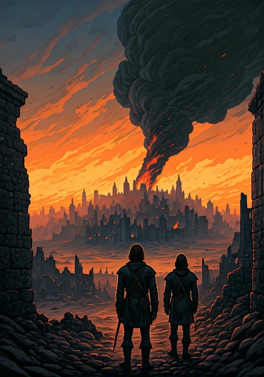 Dark Fantasy Ruins: Smoke Rises Over Medieval City