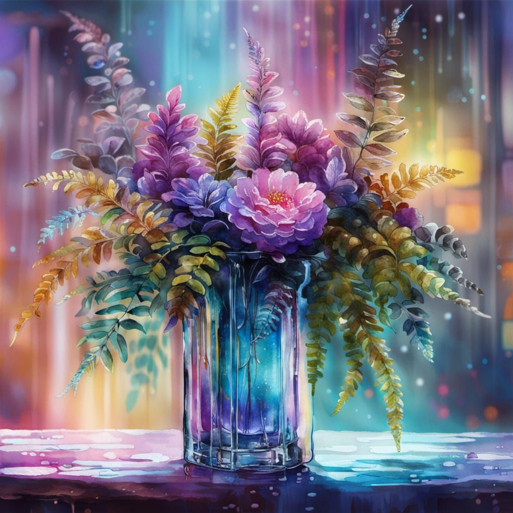 Watercolor Flowers in Crystal Vase: Cyberpunk Style