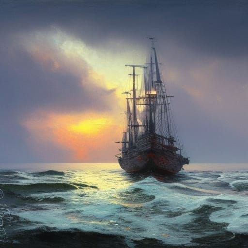 Futuristic Pirate Ship in Snowy Bay at Sunset