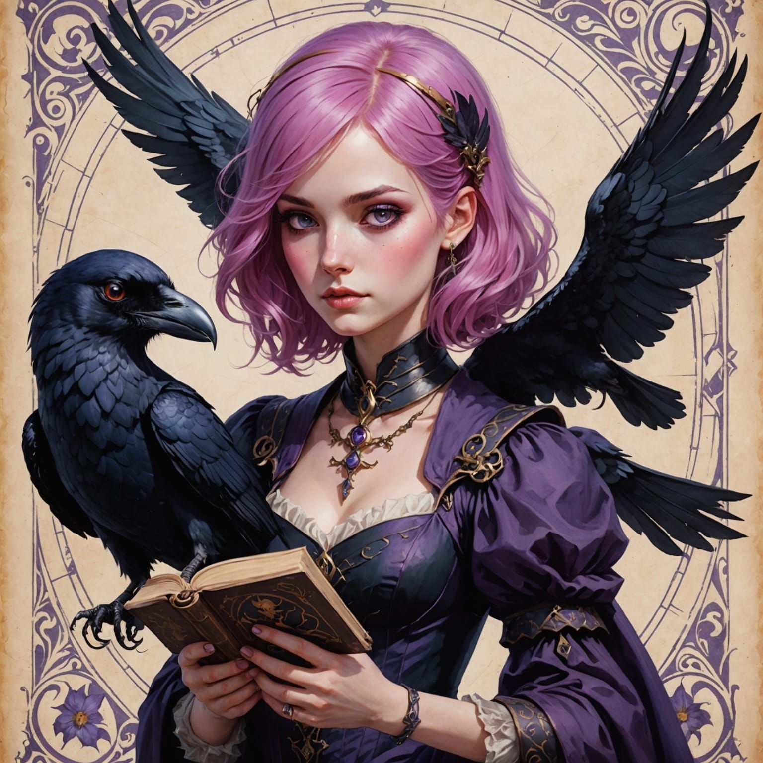 Pink-Haired Woman with Raven in Storybook Style