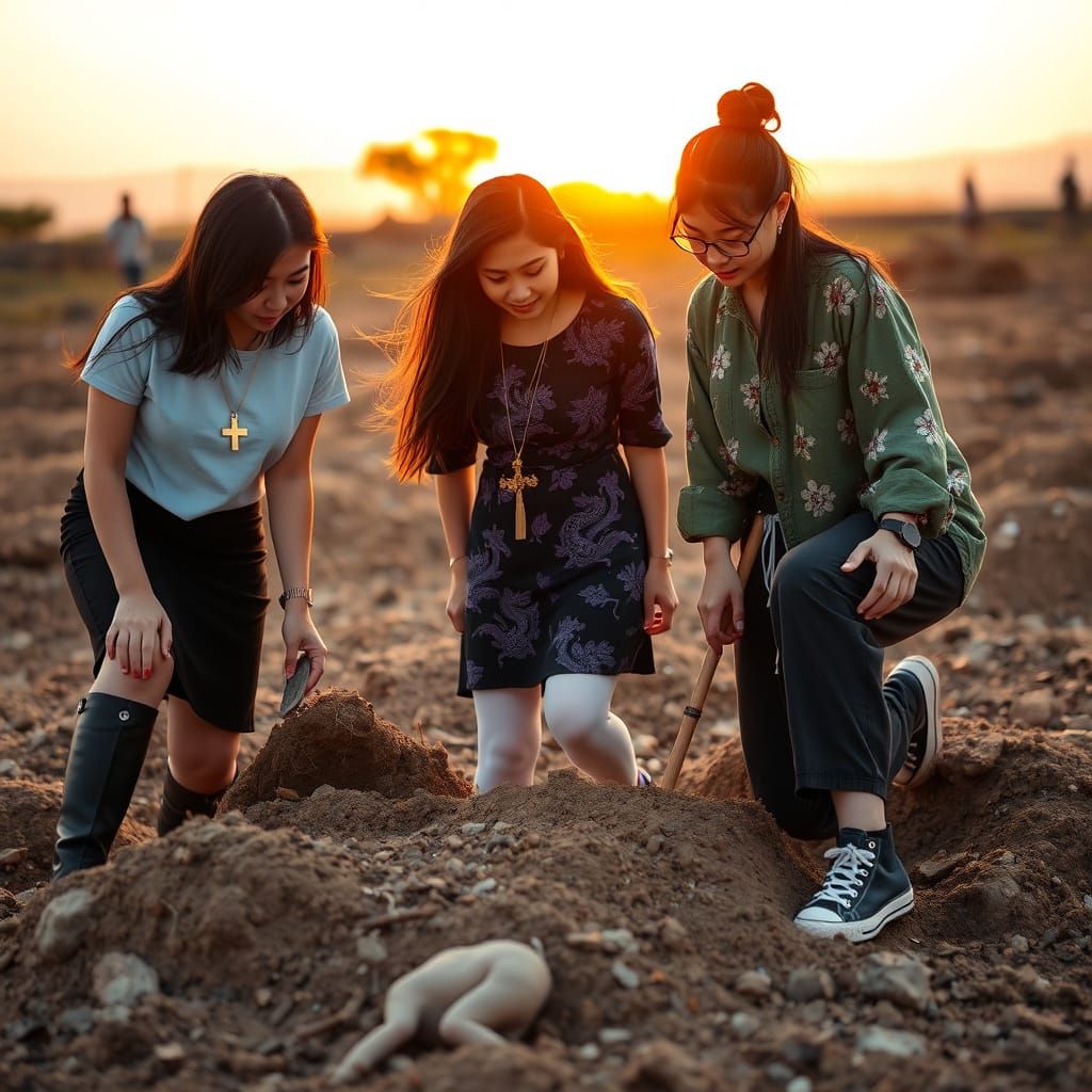 Friends Discover Ancient Artifacts at Sunset