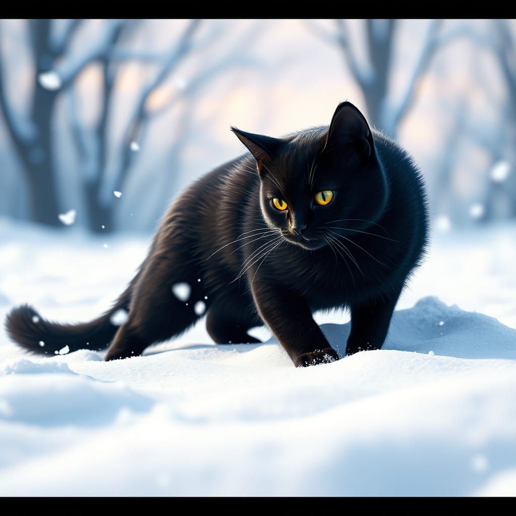 Cyberpunk-Inspired Black Cat in Snowy Landscape