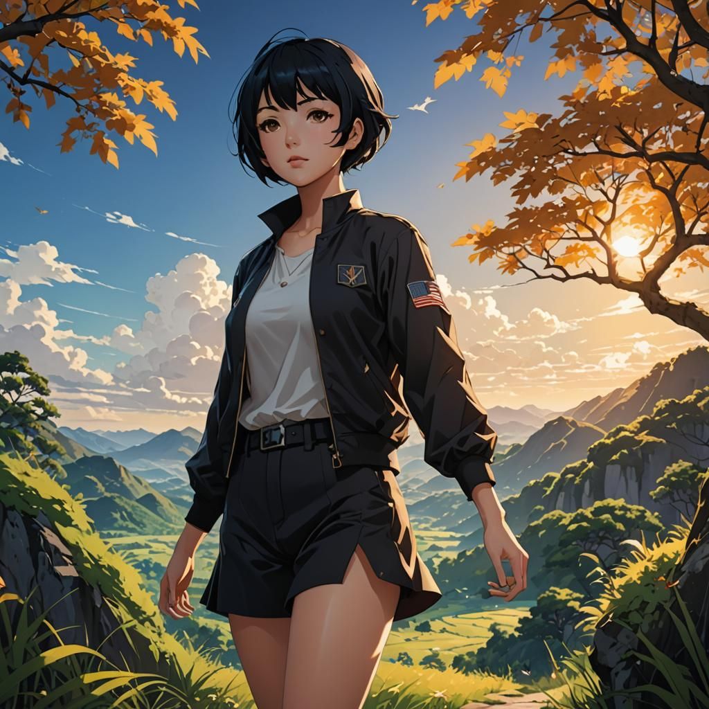 Anime Woman in Nature, Cel-Shaded Style