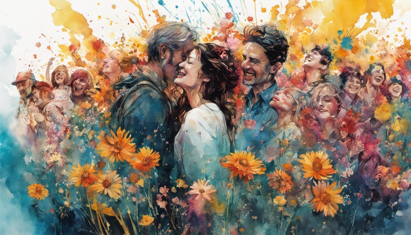 Joyful Double Exposure: Flowers and Crowds in Gouache
