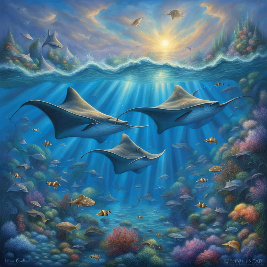Stingrays in Deep Blue Ocean: Ethereal Fantasy Art