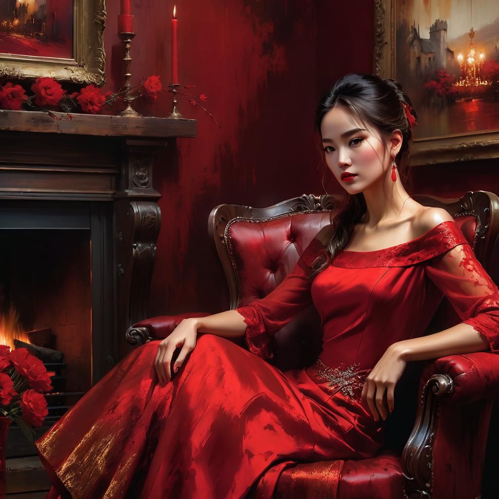 Portrait of Woman in Red Dress as Matte Painting
