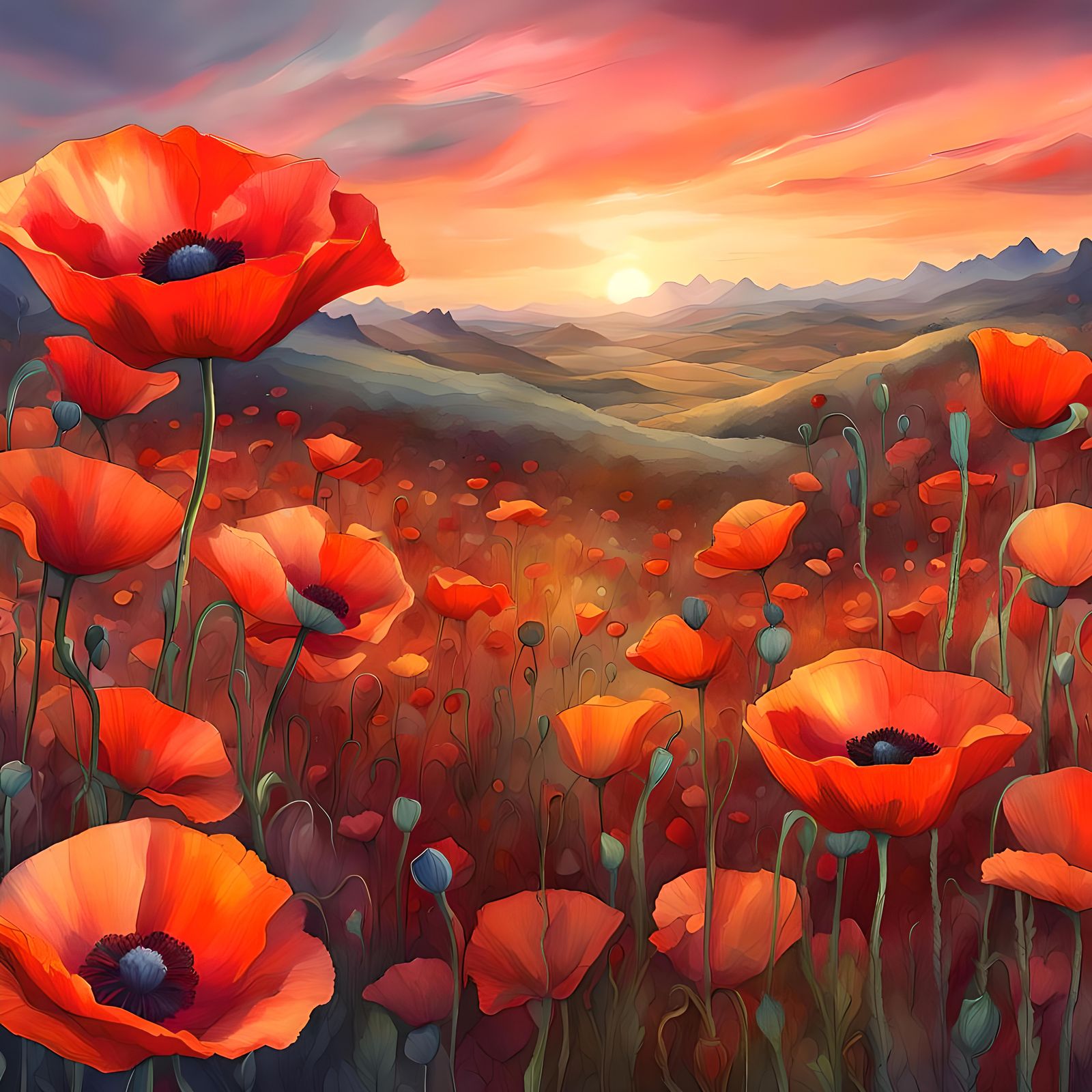 Poppy Landscape in Watercolor and Alcohol Ink