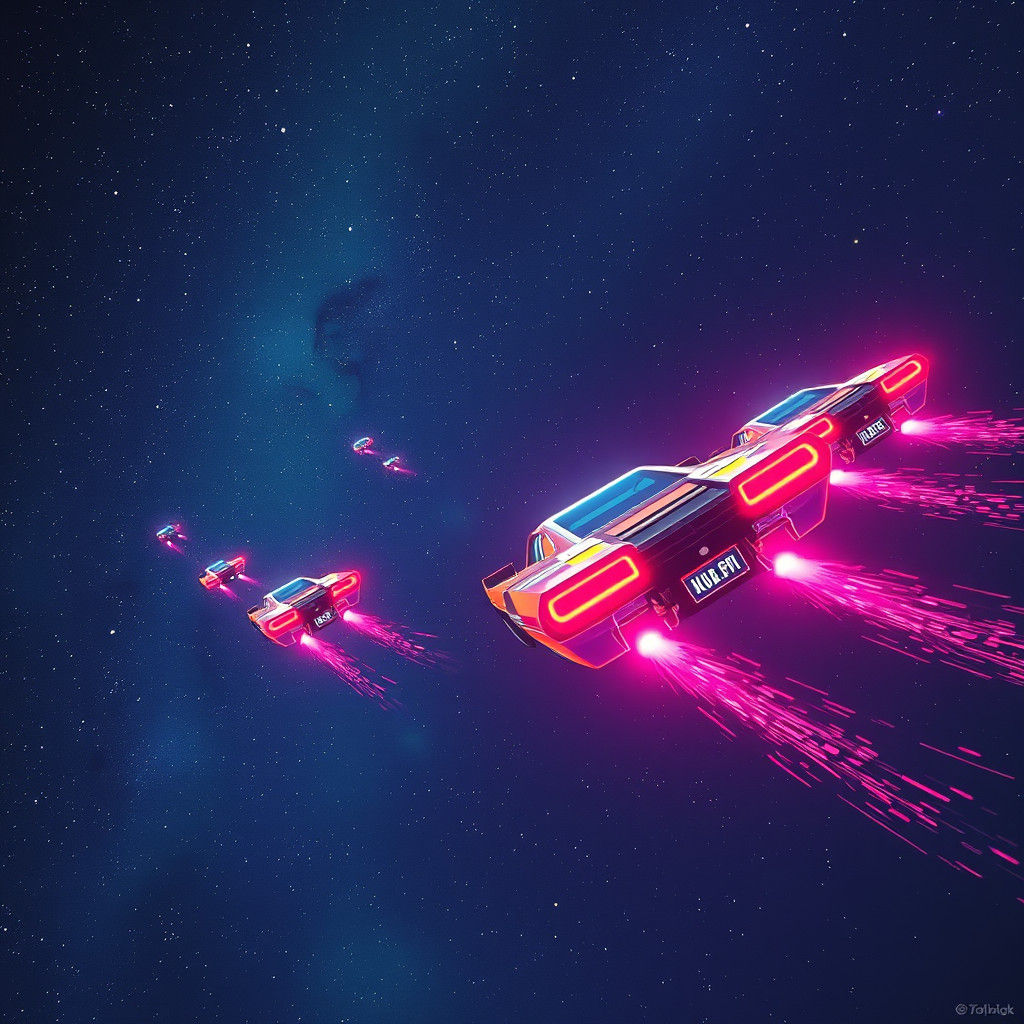 Neon Flying Cars Soaring in Galactic Universe