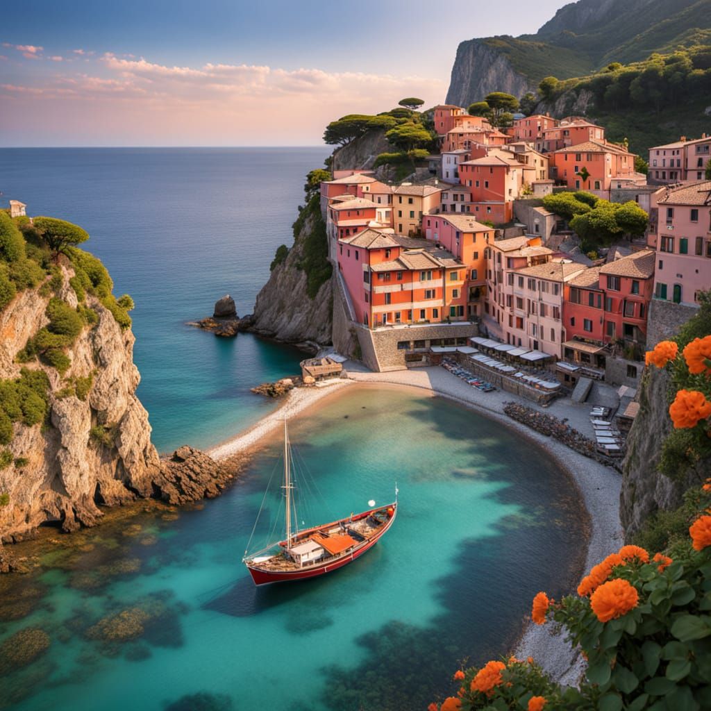 Coastal Italian Village at Sunset in Vibrant Colors