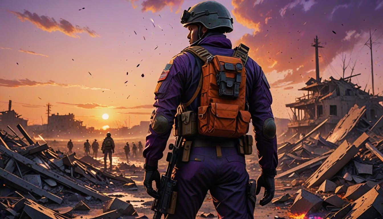 Soldier Gazes at Sunset on Battlefield