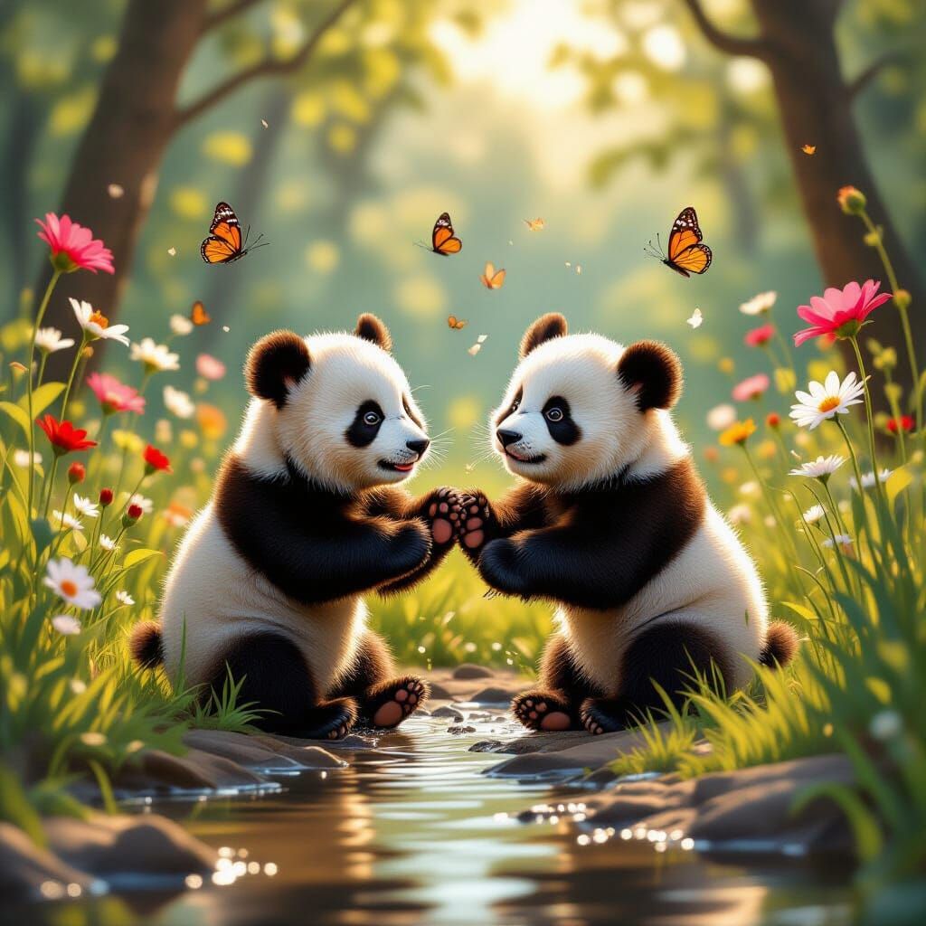 Playful Panda Cubs Frolicking in a Sunny Meadow
